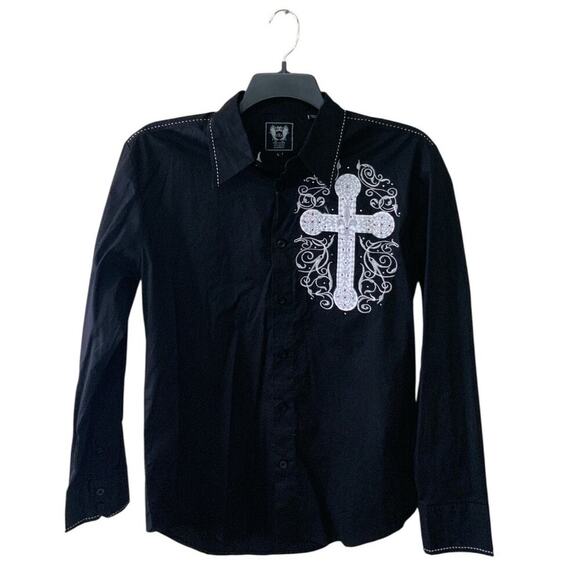 UTBA Shirt Mens L Long Sleeve Embroidered Cross Graphic Western Rock Style NWT - Picture 3 of 8